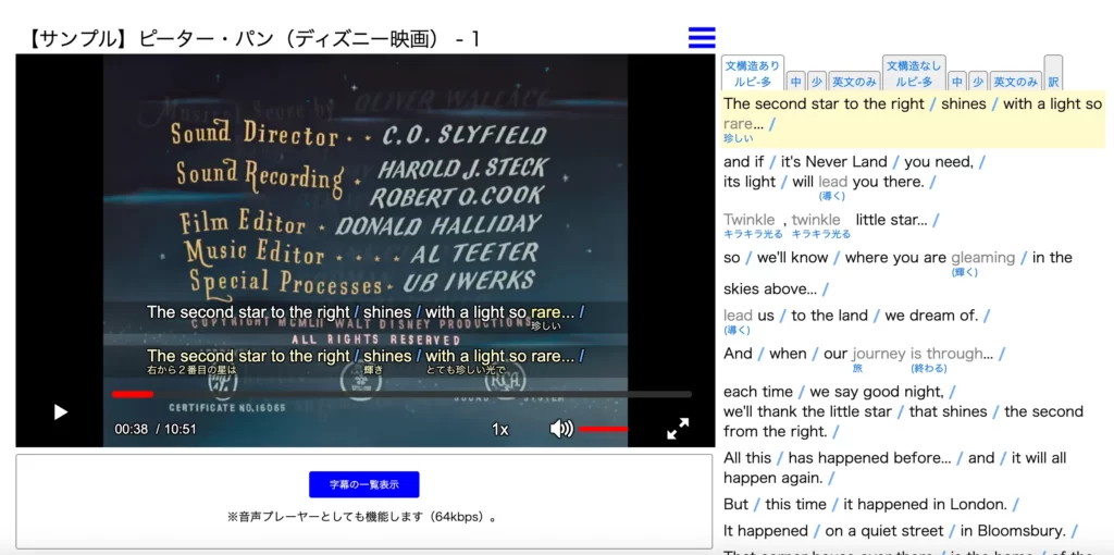 EEVideo内で英語字幕が表示されている例