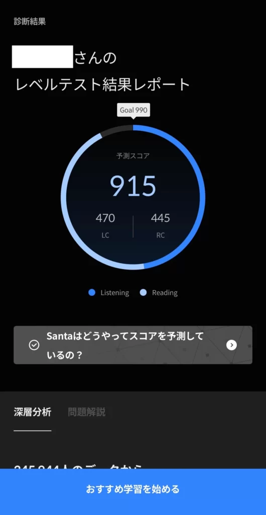 SantaアルクのTOEICスコア予測の結果